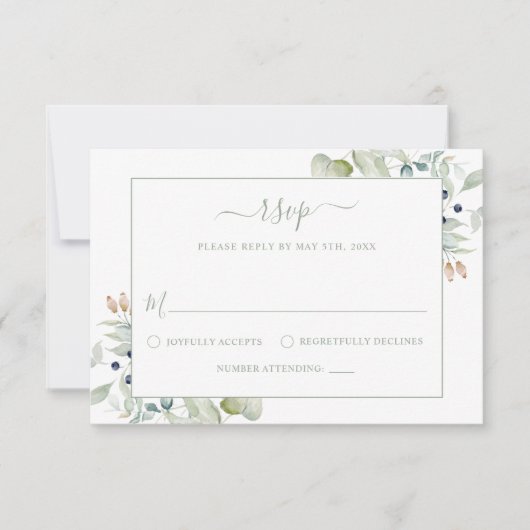 Elegant Modern Waterverf Sage Botanical Wedding R RSVP Kaartje (Voorkant)