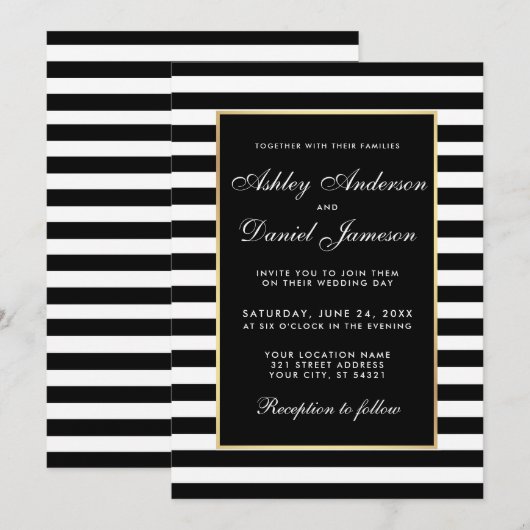 Elegant Modern Wedding Black White Striped Invite Kaart (Voorkant / Achterkant)