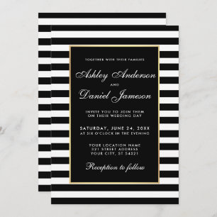 Elegant Modern Wedding Black White Striped Invite Kaart