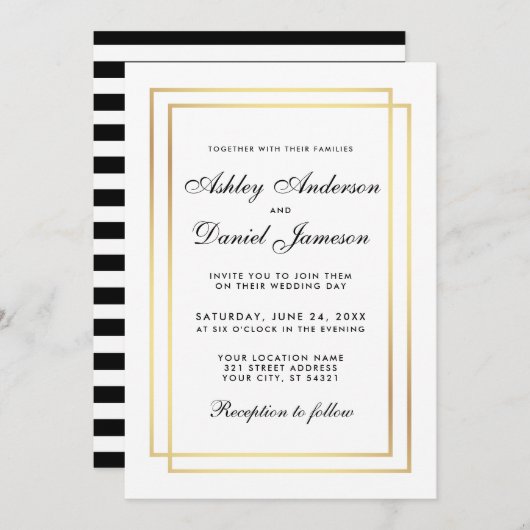 Elegant Modern Wedding Black White Striped Invite Kaart (Voorkant / Achterkant)