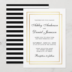 Elegant Modern Wedding Black White Striped Invite Kaart