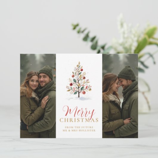Elegant Modern Wedding Christmas Tree 2-Photos  Save The Date (Staand voorkant)