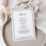 Elegant Modern Wedding Details Kaart<br><div class="desc">Deze elegante moderne huwelijksband is perfect voor je moderne, minimalistische bruiloft. Dit ontwerp is voorzien van zwarte eenvoudige kalligrafie met een witte neutrale achtergrond die overeenkomt met uw klassieke bruiloft of een minimalistische boho bruiloft in de lente, zomer, herfst of winter. Geef ons alstublieft de vrijheid om ons vragen te...</div>