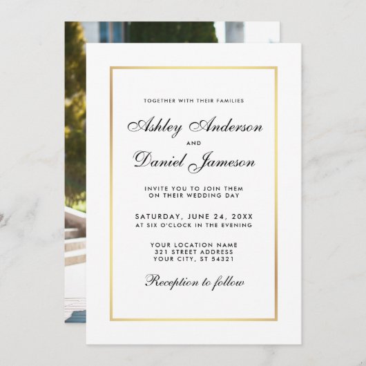 Elegant Modern Wedding Invite Black White - Foto Kaart (Voorkant / Achterkant)