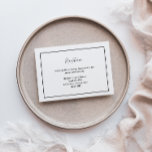 Elegant Modern Wedding Reception Informatiekaartje<br><div class="desc">Deze elegante moderne trouwreceptiebehuizing is perfect voor je moderne, minimalistische bruiloft. Dit ontwerp is voorzien van zwarte eenvoudige kalligrafie met een witte neutrale achtergrond die overeenkomt met uw klassieke bruiloft of een minimalistische boho bruiloft in de lente, zomer, herfst of winter. Geef ons alstublieft de vrijheid om ons vragen te...</div>