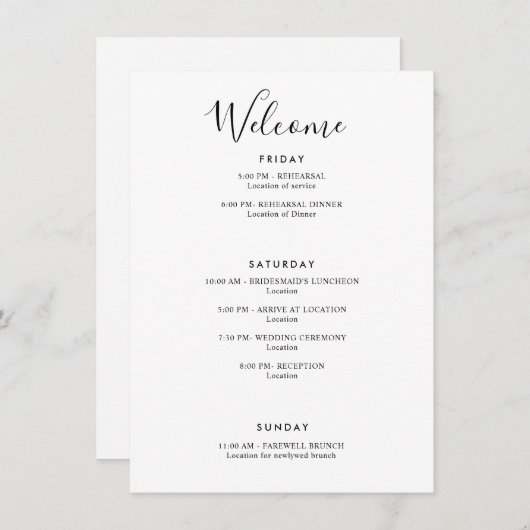 Elegant Modern Welkom Reisroute Wit met Bedankt Informatiekaartje (Voorkant / Achterkant)