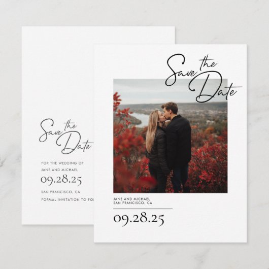Elegant Modern White Bewaar de datumfoto Save The Date (Voorkant / Achterkant)