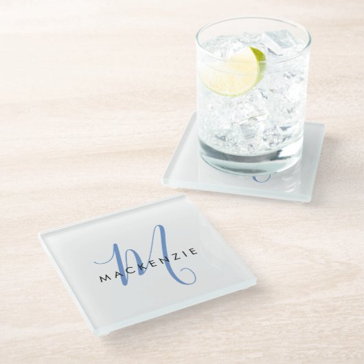 Elegant modern White Blue Script Monogram Glazen Onderzetter (Schuin)