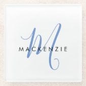 Elegant modern White Blue Script Monogram Glazen Onderzetter (Voorkant)