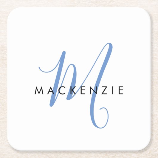 Elegant modern White Blue Script Monogram Kartonnen Onderzetters (Voorkant)