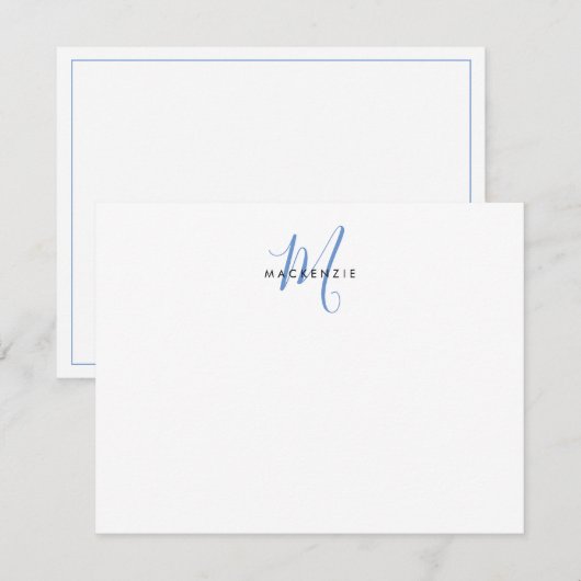 Elegant modern White Blue Script Monogram Notitiekaartje (Voorkant / Achterkant)