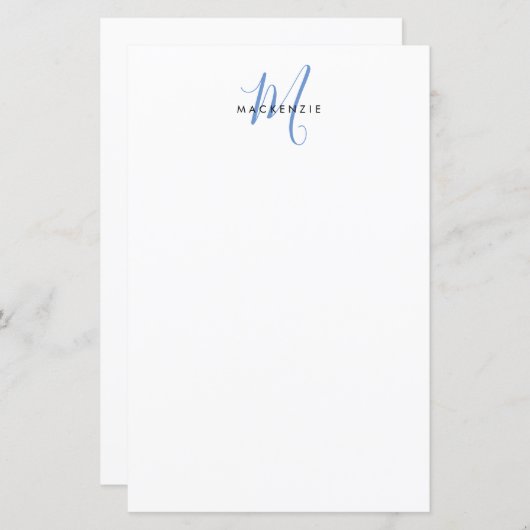 Elegant modern White Blue Script Monogram Paper (Voorkant / Achterkant)