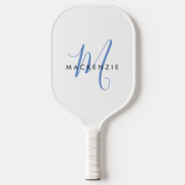Elegant modern White Blue Script Monogram Pickleball Paddle