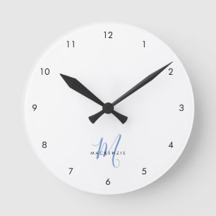 Elegant modern White Blue Script Monogram Ronde Klok