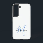 Elegant modern White Blue Script Monogram Samsung Galaxy Hoesje<br><div class="desc">Elegant modern White Blue Script Monogram telefoongeval. Een elegant blauw manuscriptmonogram dat met een schone zwarte san-serif doopvont wordt gecombineerd maakt voor een hedendaagse blik.</div>
