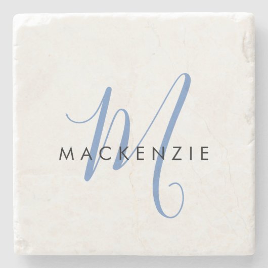 Elegant modern White Blue Script Monogram Stenen Onderzetter (Voorkant)