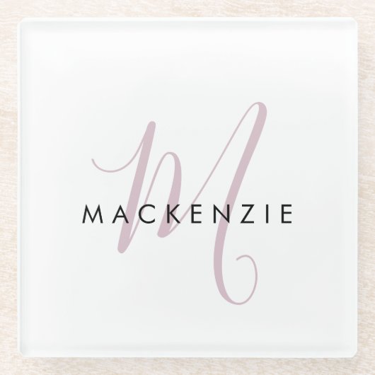 Elegant modern White Blush Pink Script Monogram Glazen Onderzetter (Voorkant)