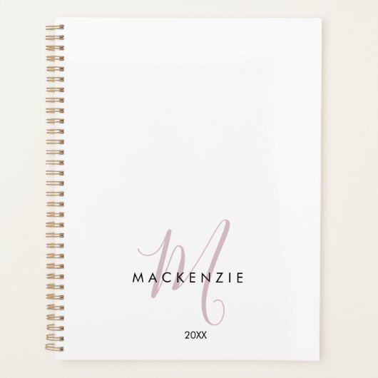 Elegant modern White Blush Pink Script Monogram Planner (Voorkant)