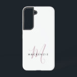 Elegant modern White Blush Pink Script Monogram Samsung Galaxy Hoesje<br><div class="desc">Elegant modern White Blush Pink Script Monogram Telefoon Case. Een elegant Blush Roze manuscriptmonogram gecombineerd met een schone zwarte san-serif doopvont maakt voor een hedendaagse blik.</div>