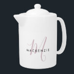 Elegant modern White Blush Pink Script Monogram Theepot<br><div class="desc">Elegant Modern White Blush Pink Script Monogram teapot. Een elegant zwart-roze manuscriptmonogram gecombineerd met een schone zwarte san-serif doopvont maakt voor een hedendaagse blik.</div>