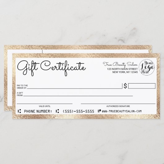 Elegant modern White Gold Border Gift Certificate (Voorkant / Achterkant)