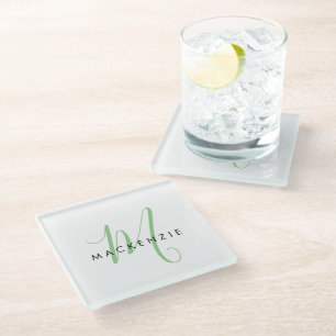 Elegant modern White Green Script Monogram Glazen Onderzetter