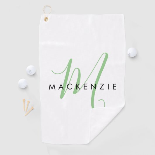 Elegant modern White Green Script Monogram Golfhanddoek (Insitu)