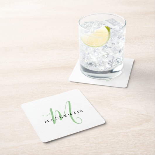 Elegant modern White Green Script Monogram Kartonnen Onderzetters (Insitu)
