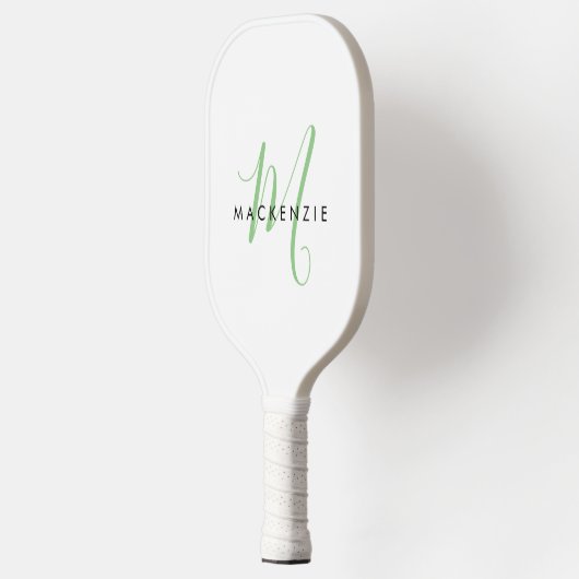 Elegant modern White Green Script Monogram Pickleball Paddle (Links)