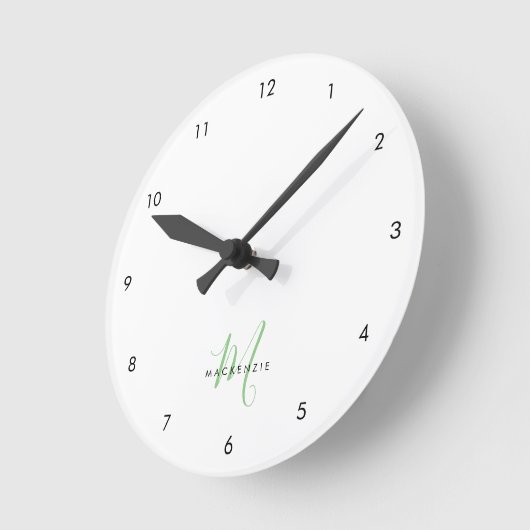 Elegant modern White Green Script Monogram Ronde Klok (Hoek)