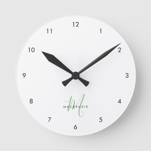Elegant modern White Green Script Monogram Ronde Klok (Voorkant)