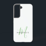 Elegant modern White Green Script Monogram Samsung Galaxy Hoesje<br><div class="desc">Elegant modern White Green Script Monogram Telefoon Case. Een elegant groen manuscriptmonogram dat met een schone zwarte san-serif doopvont wordt gecombineerd maakt voor een hedendaagse blik.</div>