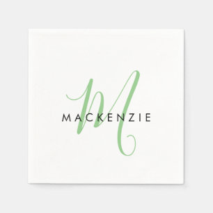 Elegant modern White Green Script Monogram Servet