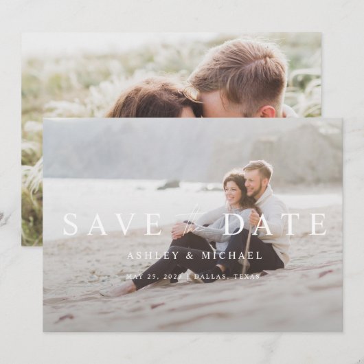 Elegant Modern White Overlay 2 Photo Wedding Save The Date (Voorkant / Achterkant)