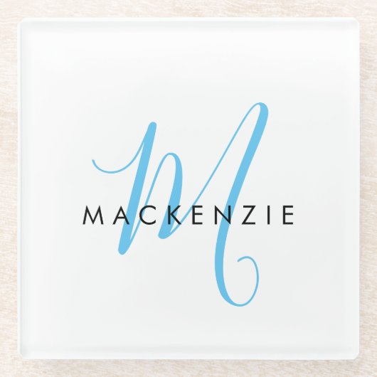 Elegant modern White Sky Blue Script Monogram Glazen Onderzetter (Voorkant)