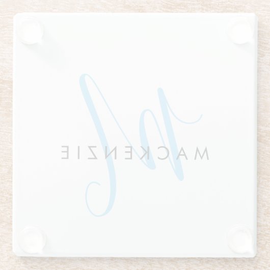 Elegant modern White Sky Blue Script Monogram Glazen Onderzetter (Achterkant)