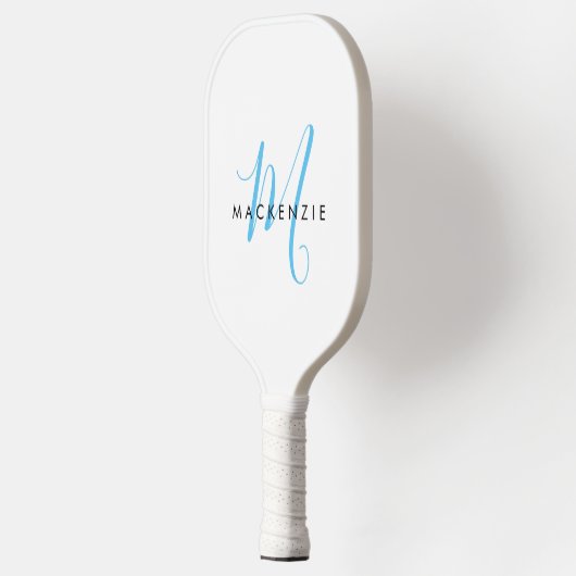 Elegant modern White Sky Blue Script Monogram Pickleball Paddle (Links)
