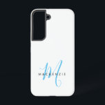 Elegant modern White Sky Blue Script Monogram Samsung Galaxy Hoesje<br><div class="desc">Elegant modern White Sky Blue Script Monogram van het Manuscript Kwestie van de Telefoon. Een elegant hemelsblauw monogram gecombineerd met een schone zwarte san-serif doopvont maakt voor een hedendaagse blik.</div>