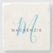 Elegant modern White Sky Blue Script Monogram Stenen Onderzetter (Voorkant)