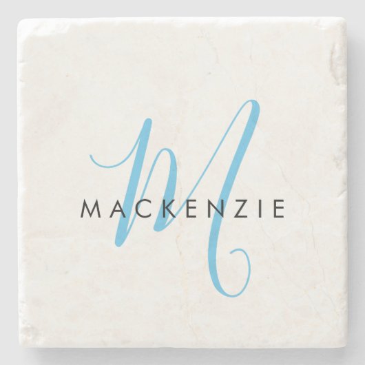 Elegant modern White Sky Blue Script Monogram Stenen Onderzetter (Voorkant)