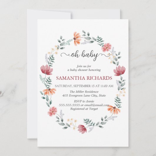 Elegant modern wildflower baby shower Invitation Kaart (Voorkant)
