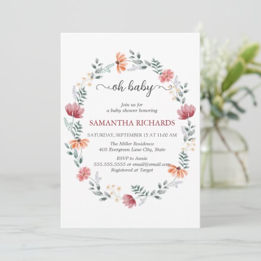 Elegant modern wildflower baby shower Invitation Kaart (Staand voorkant)