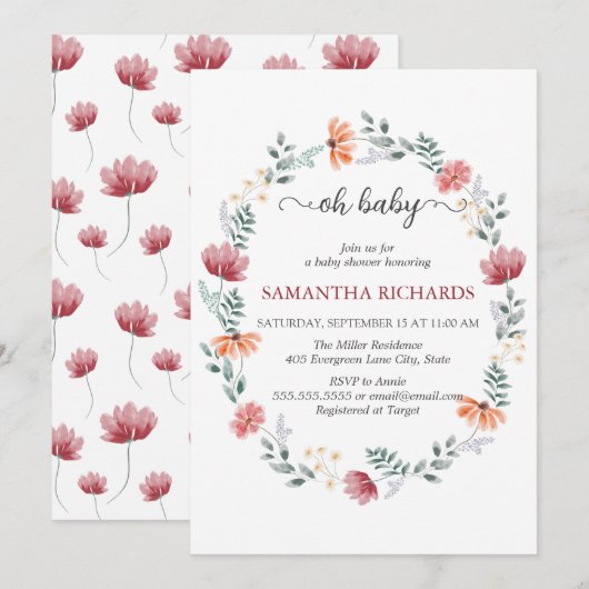 Elegant modern wildflower baby shower Invitation Kaart (Voorkant / Achterkant)