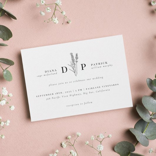 Elegant Modern Wildflower Initiaal Wedding Kaart