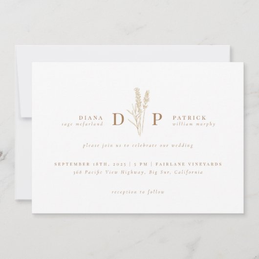 Elegant Modern Wildflower Initiaal Wedding Kaart (Voorkant)