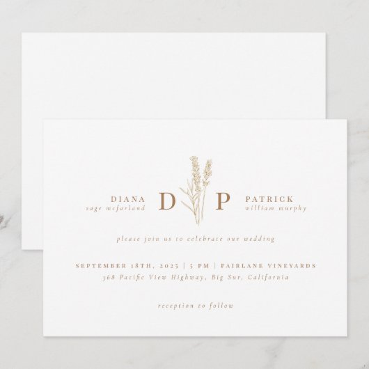 Elegant Modern Wildflower Initiaal Wedding Kaart (Voorkant / Achterkant)