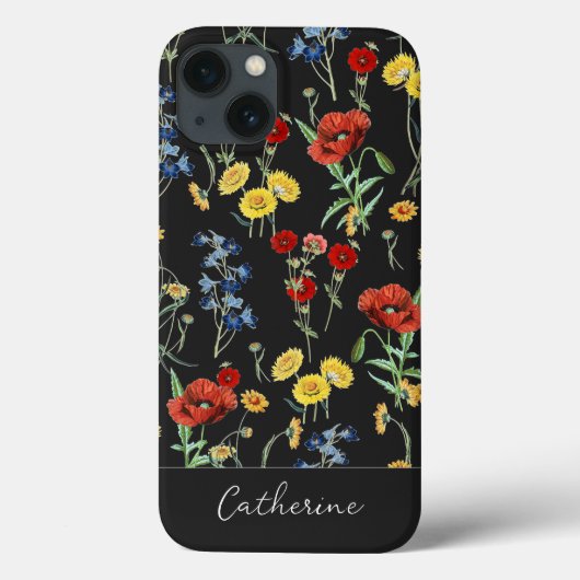 Elegant Modern Wildflower Naam op zwart Case-Mate iPhone Case (Achterkant)