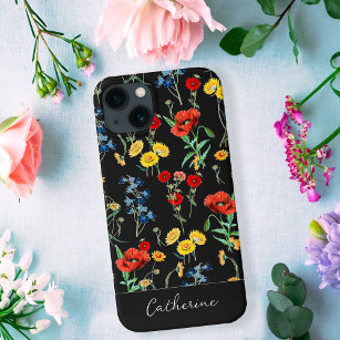 Elegant Modern Wildflower Naam op zwart Case-Mate iPhone Case