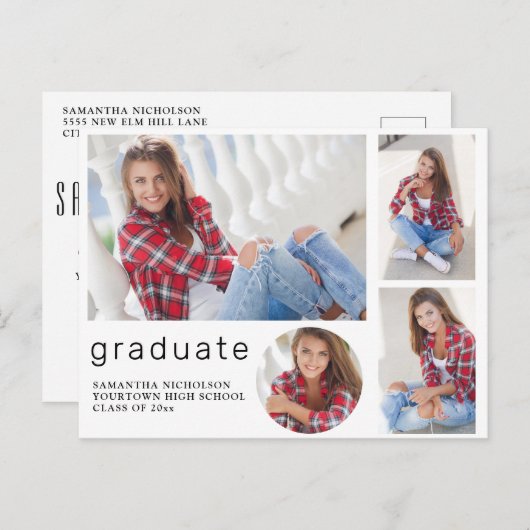 Elegant modern wit Afstuderen 4 Foto collage Uitnodiging Briefkaart (Voorkant / Achterkant)
