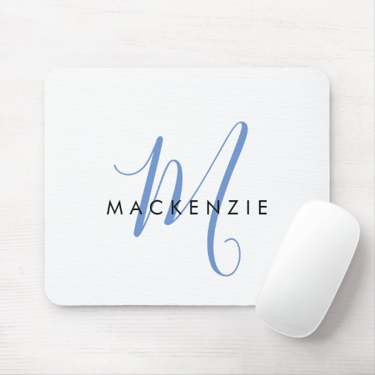 Elegant Modern Wit Blau Schreef Monogram Muismat (Met muis)